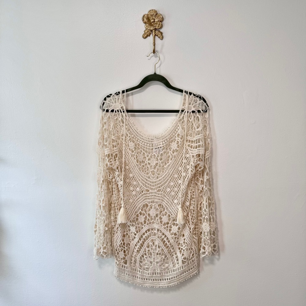 Coastal Cowgirl Cream Crochet Knit Long Sleeve Top Cato XL Boho Beach Coverup